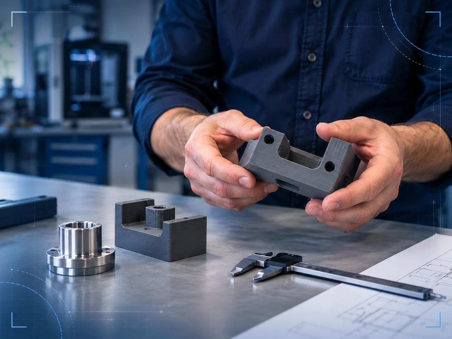 Ruce držící 3D tištěný výrobní přípravek při technickém posouzení