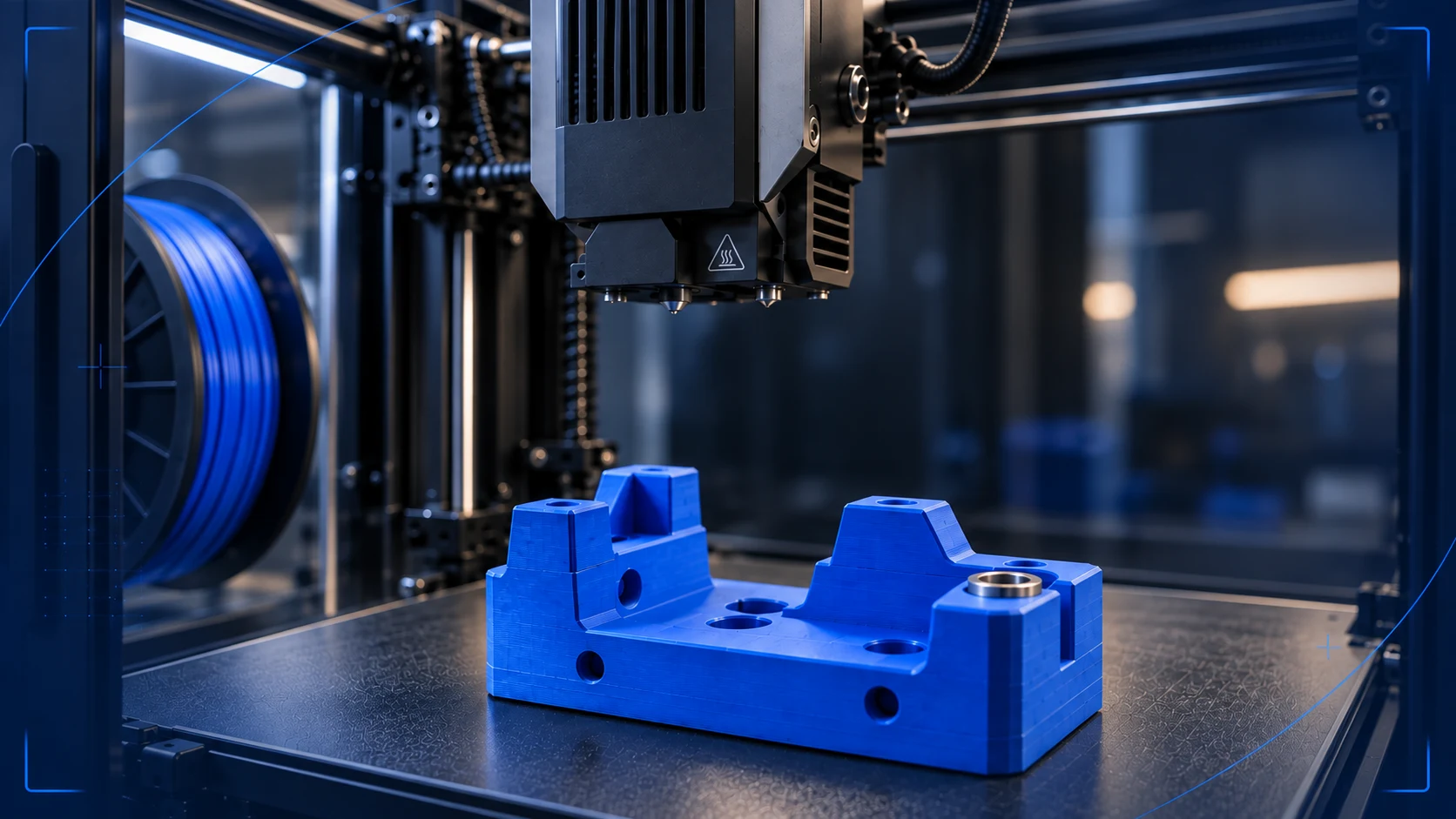 Modrý 3D tištěný výrobní přípravek na podložce 3D tiskárny